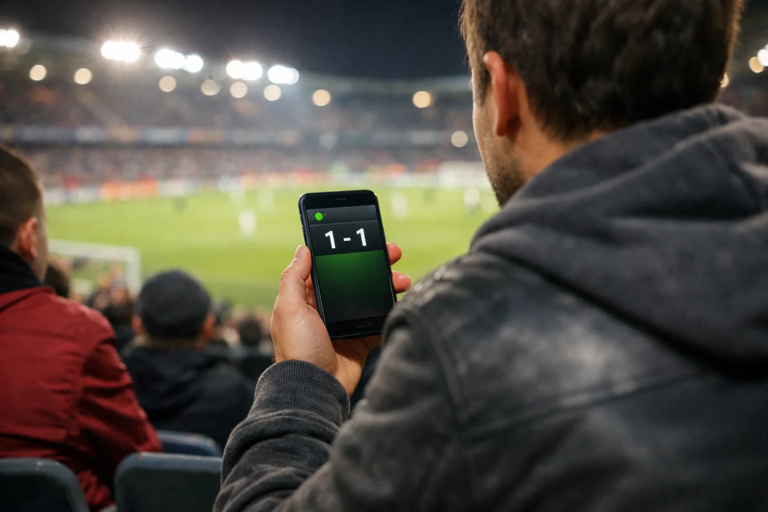 Fan schaut Fußballspiel im Stadion und hält Smartphone in der Hand