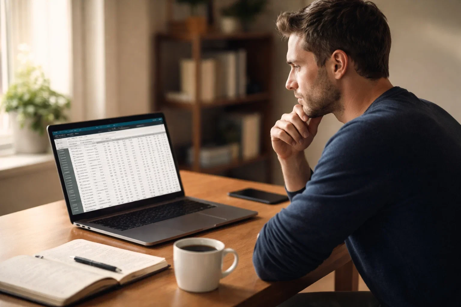 Mann analysiert Fußball-Statistiken am Laptop mit Notizblock